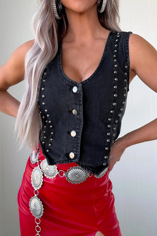 Studded Button-Front Denim Vest