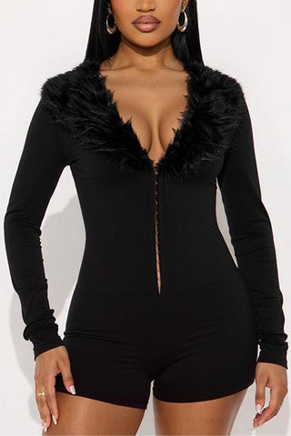 Romper with Hook Detail & Furry Collar