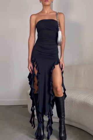 Strapless Midi Dress with Ruffle Accents