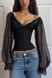 Sheer Sleeve Lace-Up Blouse
