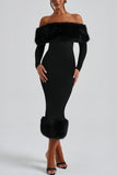 Off-Shoulder Fur Trim Evening Dress