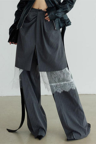 Pinstripe Layered Pants with Lace Detail