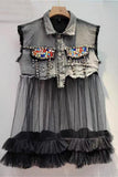 Embellished Denim Vest with Mesh Details