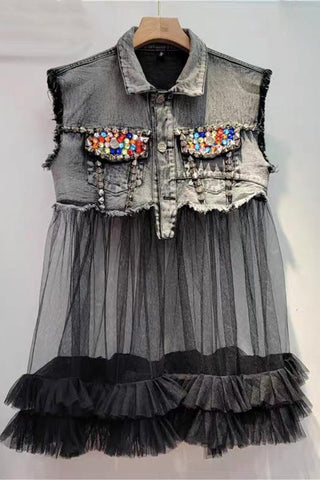 Embellished Denim Vest with Mesh Details
