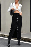Button-Front Denim Midi Skirt