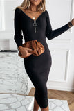 Zip-Front Ribbed Casual Dress