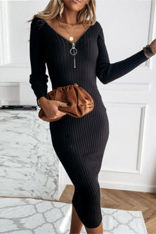 Zip-Front Ribbed Casual Dress