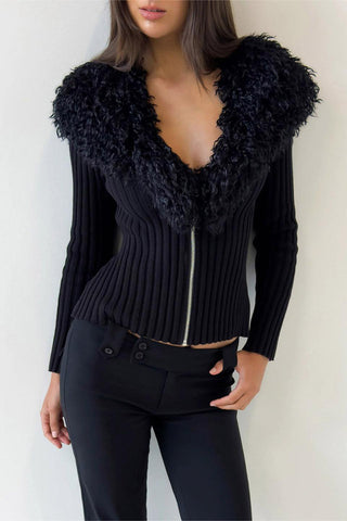 Zipper-Front Textured Collar Cardigan