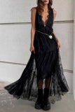 Plunge Neck Lace Maxi Dress