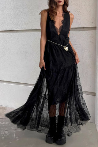 Plunge Neck Lace Maxi Dress