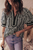 Geometric Contrast Scallop Patchwork Blouse