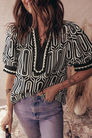 Geometric Contrast Scallop Patchwork Blouse