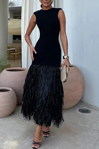 Fringe Hem Sleeveless Midi Dress