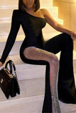 One-Shoulder Mesh Detail Jumpsuit