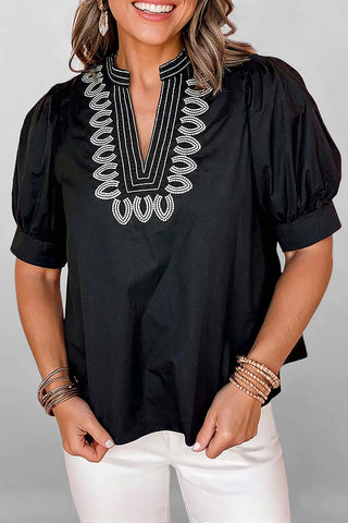 Short Puff Sleeve Contrast Detail V Neck Blouse