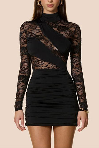 Lace Long Sleeve Ruched Evening Dress
