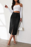 High-Slit Denim Midi Skirt