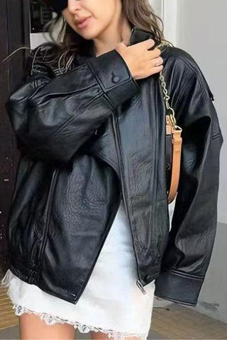 High Neck Faux Leather Jacket