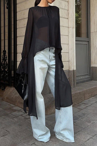 Asymmetric Longline Sheer Blouse