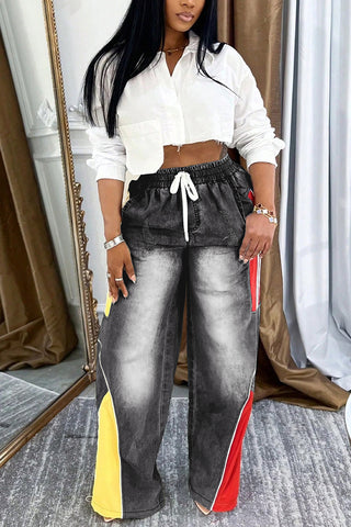 Colorblock Wide-Leg Denim Pants