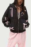 Ribbon-Accent Zip-Up Hoodie