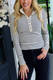 Half Button Stripe Long Sleeve Fitted Top