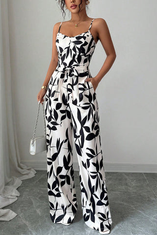 Leaf Print Strappy Jumpsuit