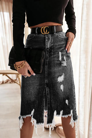 Distressed Denim Midi Skirt