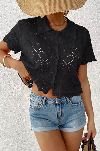 Button-Front Casual Crochet Blouse
