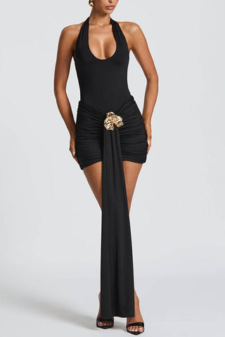 Plunge Neck Ruched Mini Dress