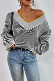 V-Neck Contrast Trim Striped Sweater