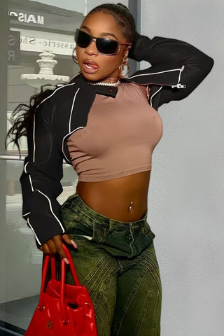 Zip-Front Cropped Jacket with Contrast Trim