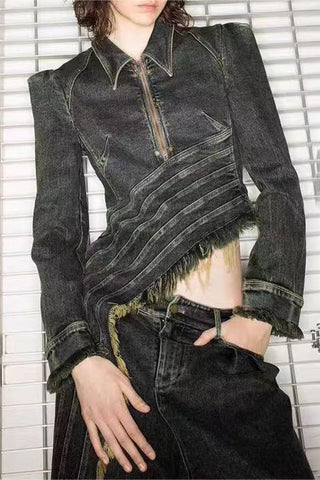 Asymmetric Zip-Up Denim Blazer
