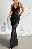Halter Neck Ruched Lace Maxi Dress