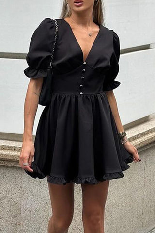 Puff-Sleeve Ruffled Casual Dress