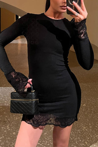 Lace-Trim Long Sleeve Dress