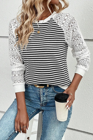 Textured Lace Patchwork Long Sleeve Top