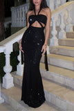 Halter Cutout Sequin Evening Dress