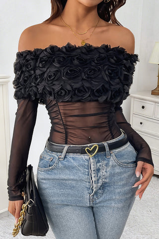 Off-Shoulder Floral Mesh Bodysuit