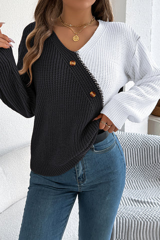 Button-Front Two-Tone Sweater
