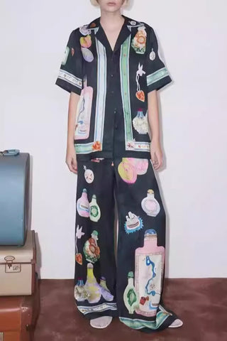 Printed Shirt and Wide-Leg Pants Set