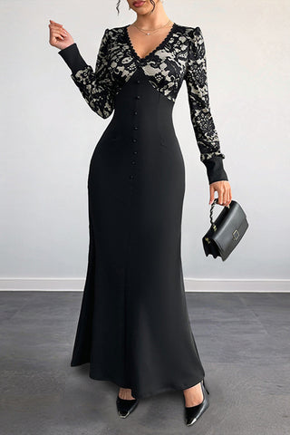 Lace-Detail Button Midi Dress