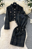 Plaid Button-Accent Skirt Set