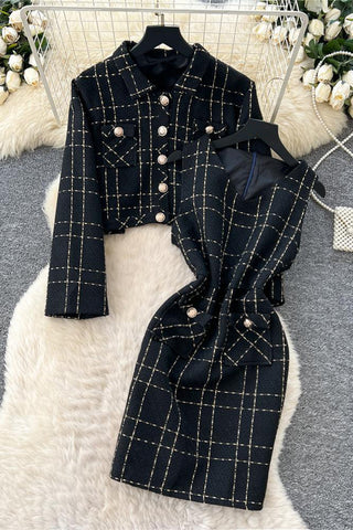 Plaid Button-Accent Skirt Set