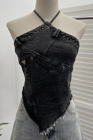Frayed Hem Denim Halter Top