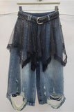 Layered Lace Skirt Denim Shorts