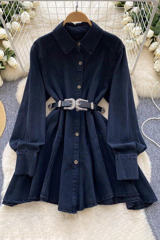 Buttoned Denim Dress with Belt