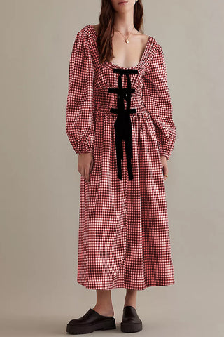 Gingham Puff-Sleeve Casual Dress