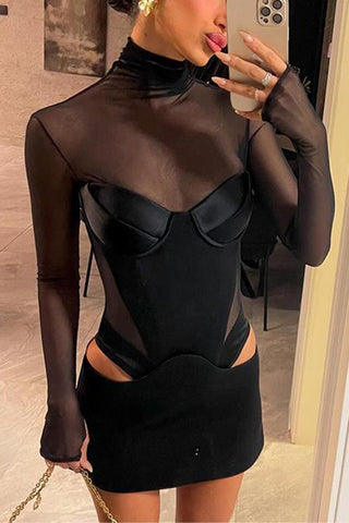 Sheer Long-Sleeve Evening Mini Dress