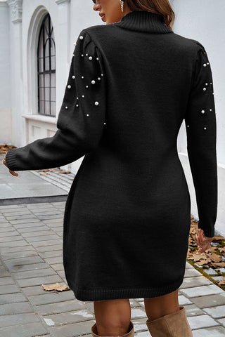 Pearl-Embellished Turtleneck Sweater Dress